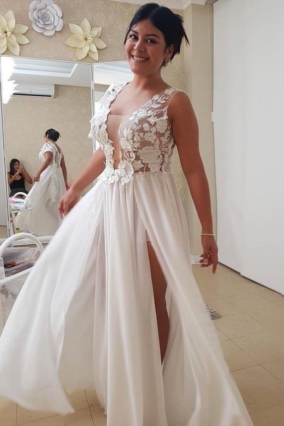 White lace chiffon long prom dress, white lace evening dress cg6465
