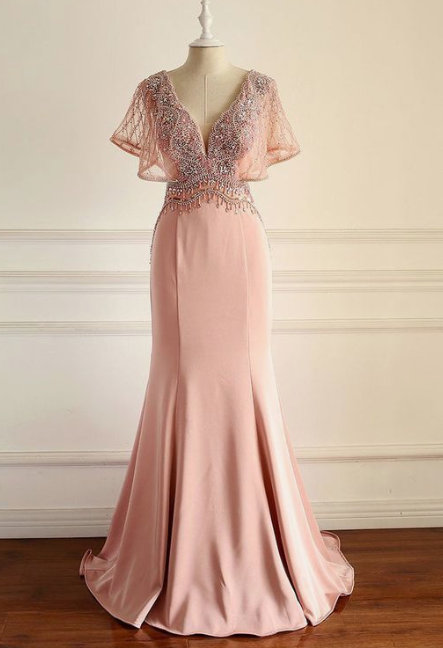 Chic V neck Mermaid Long Prom Dress Pink Beaded Party Dress cg6467