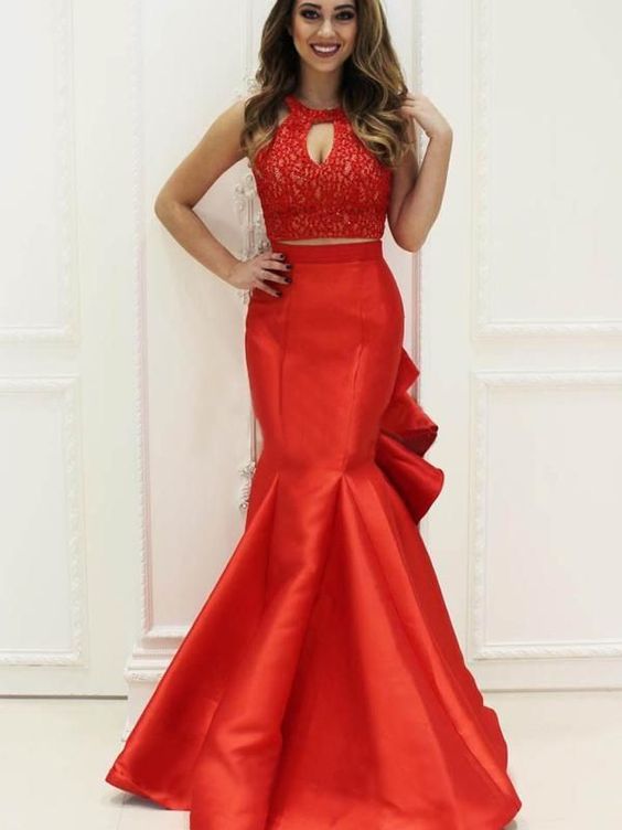 2 Pieces Lace Top Mermaid Satin Ruffles Prom Dresses cg6474