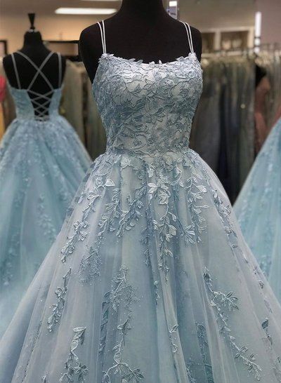 Wunderschönes A-Linie Spaghettiträger Blau Langes Ball-/Abendkleid mit Applikationen cg6483