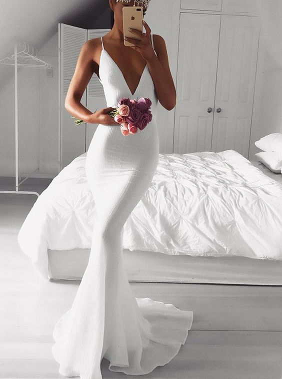 Mermaid Spaghetti Straps Sweep Train White Prom Evening Dress cg6484