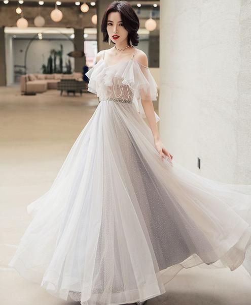 Elegant off shoulder tulle long prom dress, tulle evening dress cg6499