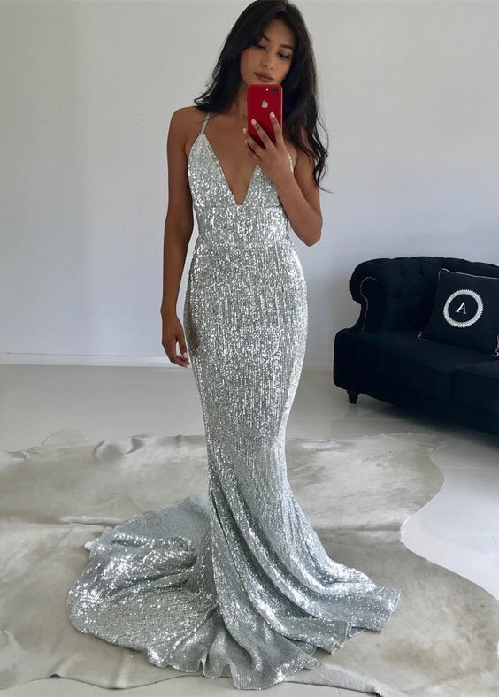 Shiny sliver mermaid sequined long prom dresses,sexy spaghetti straps v neck prom party dress cg6500