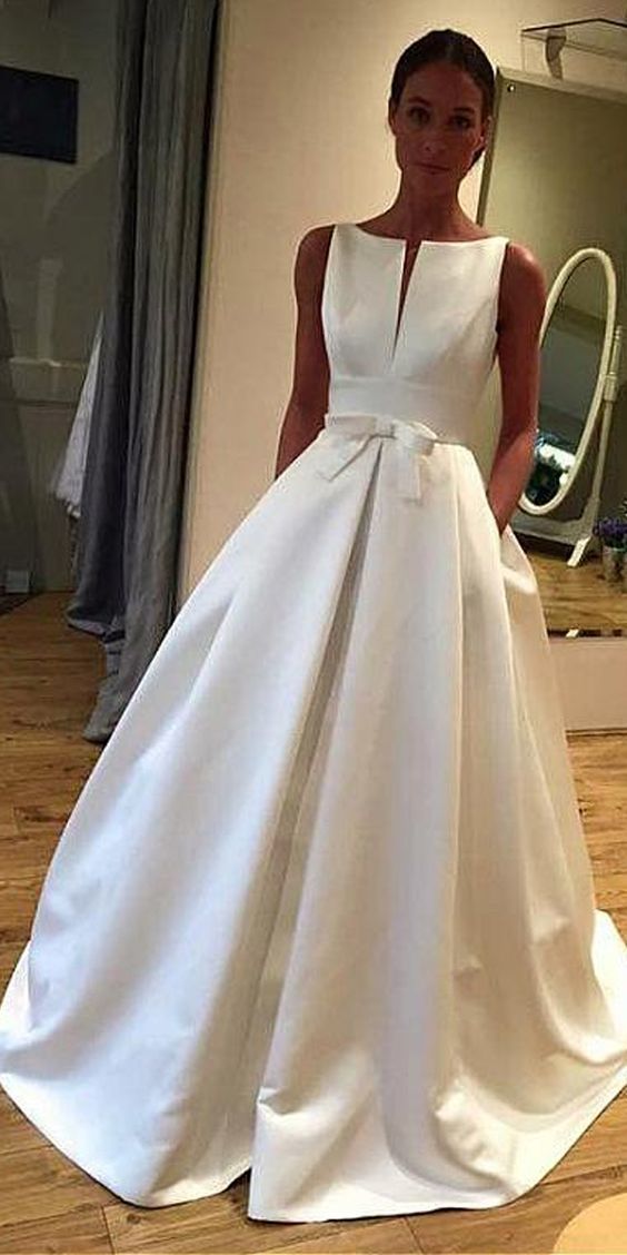 Elegant Satin Bateau Neckline A-line Wedding prom Dress With Bowknot cg6501