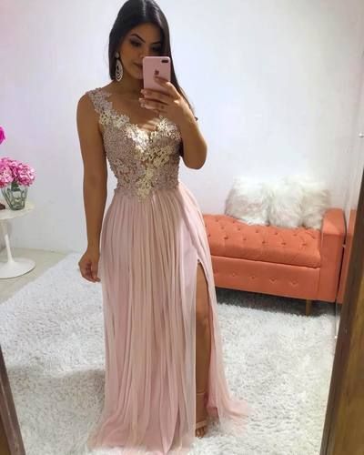 Atemberaubendes rosa langes Abendkleid mit Applikationen und Perlen an der Seite, formelle Ballkleider, Partykleider für Damen, cg6504