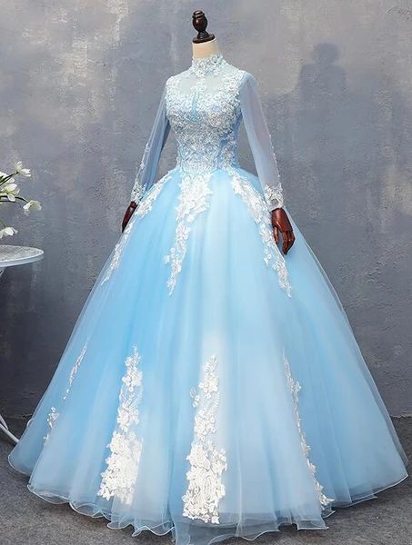 Wunderschönes blaues Ballkleid mit langen Ärmeln für Sweet 16, bezauberndes formelles Abschlussballkleid cg6514