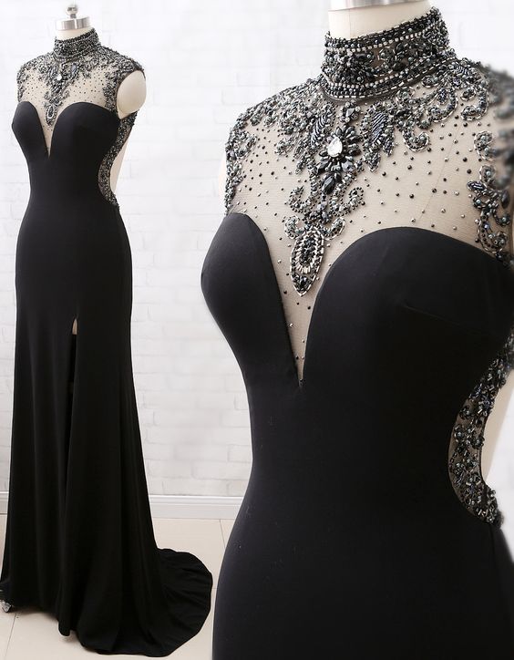 Mermaid High Neck Beaded Jersey Black Formal Evening prom Gown with Slit cg6523