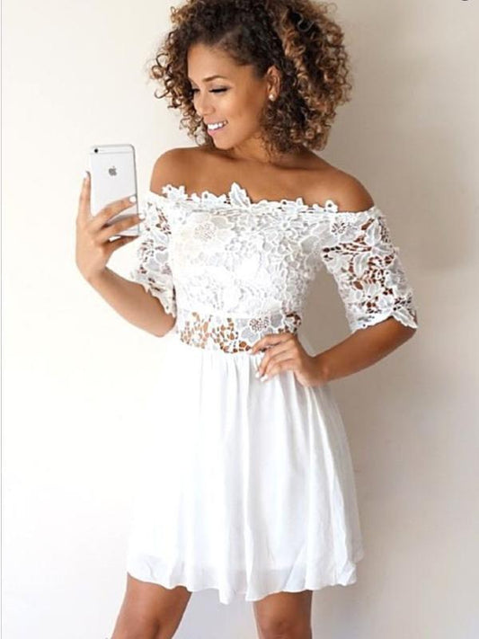 A-Linie Off-the-Shoulder Halbarm Weiße Spitze Kurze Homecoming Kleider cg653