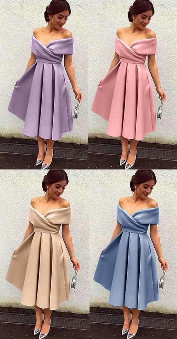 Off the Shoulder Satin Midi Cocktail Dress Tea Length Formal prom Dress cg6536