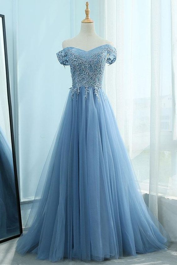 Blue Tulle Off Shoulder Long Senior Prom Dress, Evening Dress With Lace Applique cg6543