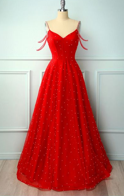 Red A Line Spaghetti Straps Beaded Long Prom Party Dress cg6548