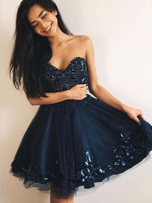 A-Linie Herzausschnitt Marineblau Tüll Homecoming Kleid cg655