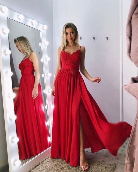 Sexy Träger Spitze Chiffon Rot Brautjungfernkleider Langes Ballkleid cg6553