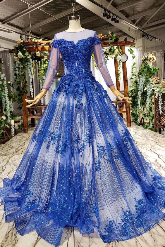 Charming Long Sleeve Round Neck Tulle Blue Beads Ball Gown Prom Dresses with Lace up cg6554