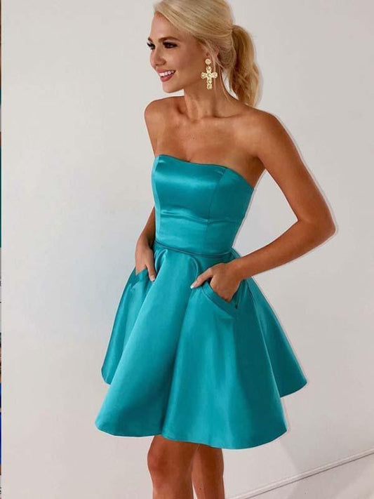 A-Linie, trägerlos, blaues Satin-Heimkehrkleid mit Taschen, cg659