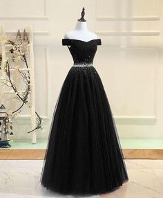 Black tulle sequin long prom dress, black tulle evening dress cg6597