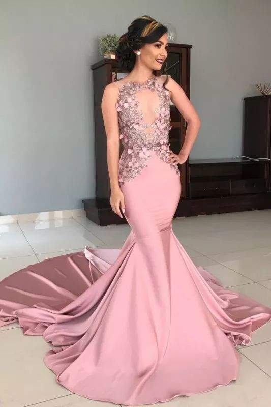 Sheer Tulle Pink Lace Appliques Prom Dresses | Mermaid Sleeveless Sexy Evening Gowns with Court Train cg6605