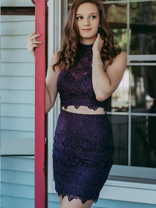 Zweiteiliges, enges Homecoming-Kleid aus lila Spitze mit Perlen cg661