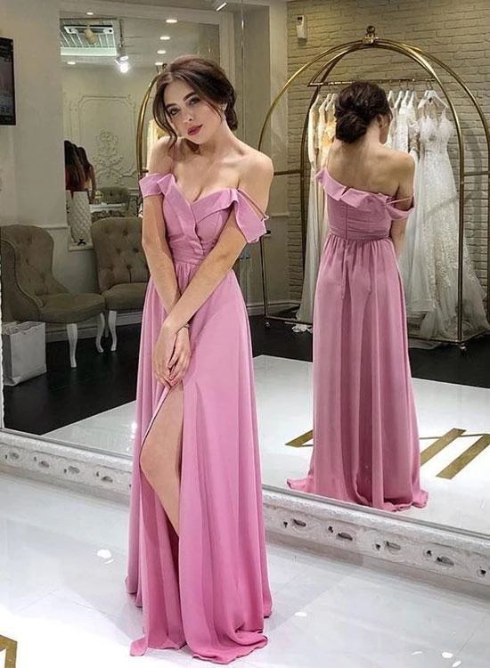 Simple pink v neck chiffon long prom dress, pink evening dress cg6610
