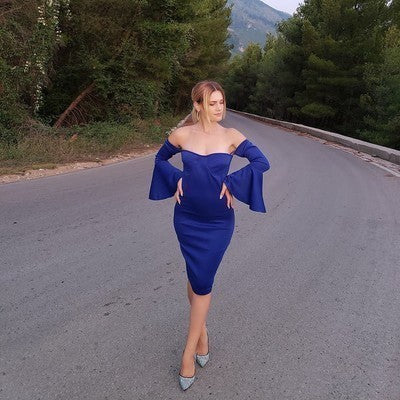 Blue Off The Shoulder Long Sleeve Prom Dress Sweetheart Sexy Open Back Sheath Knee Length Satin Cocktail Dresses cg6617