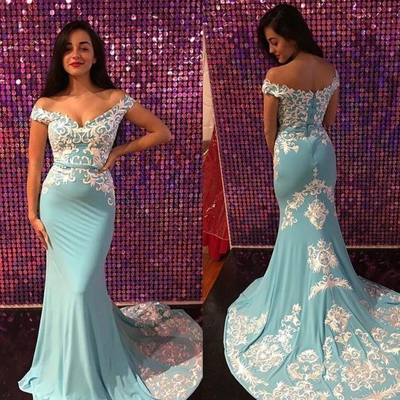 Charming Off Shoulder Prom Dress, Soft Satin Mermaid Applique Prom Dress cg6622