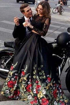 Cute Prom Dress, Popular Two Pieces Long Sleeves Open Back Long Prom Dresses with Flowers cg6631