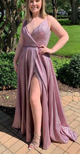 Straps V Neck Long Prom Dress Fuchsia Silver Formal Evening Gown with Slit cg6632