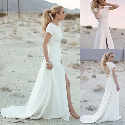 White Prom Dress, Open Back Prom Dress, Short Sleeve Prom Dress cg6647