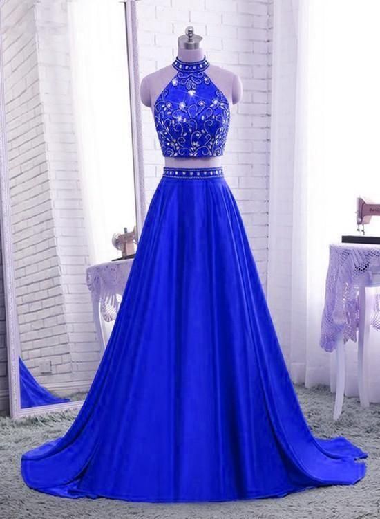 Royal Blue Two Piece Satin Party Dress, Blue Formal prom Dress, Evening Gowns cg6663