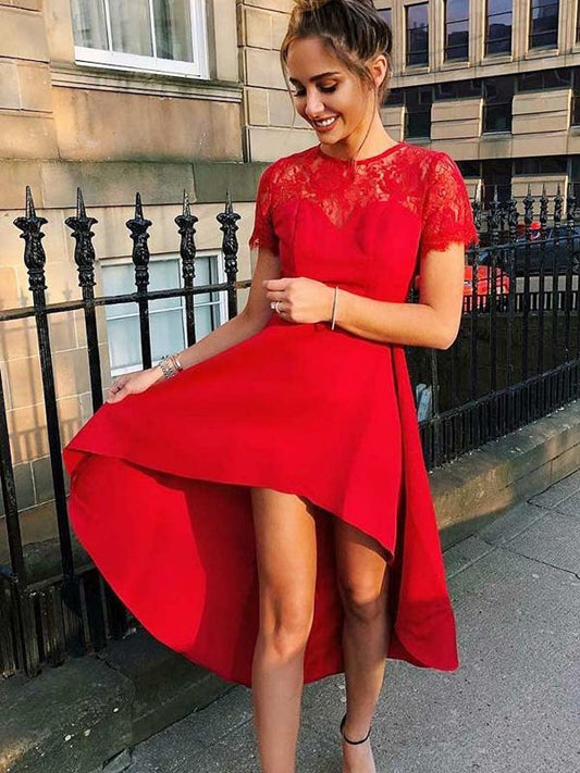 A-Linie Rundhalsausschnitt Kurze Ärmel Rot High Low Homecoming Kleider Mit Spitze cg667