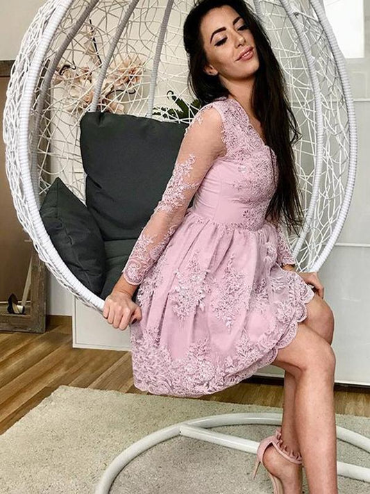 Rosa V-Ausschnitt Lange Ärmel Spitzenapplikationen Kurzes Homecoming-Kleid cg669