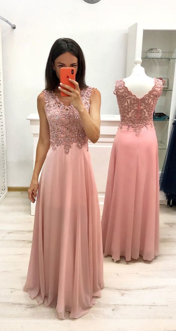 A-line V-neck Appliques Long Prom Dresses, Chiffon Wedding Party Gown cg6697