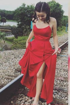 Gorgeous Straps Red Long Prom Dress with Slit cg6698