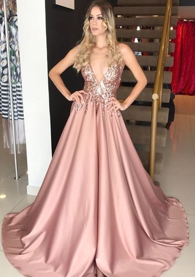 V Neck Spaghetti Straps Blush Sequins Lace Long Prom Dresses, Elegant Evening Dresses cg6702