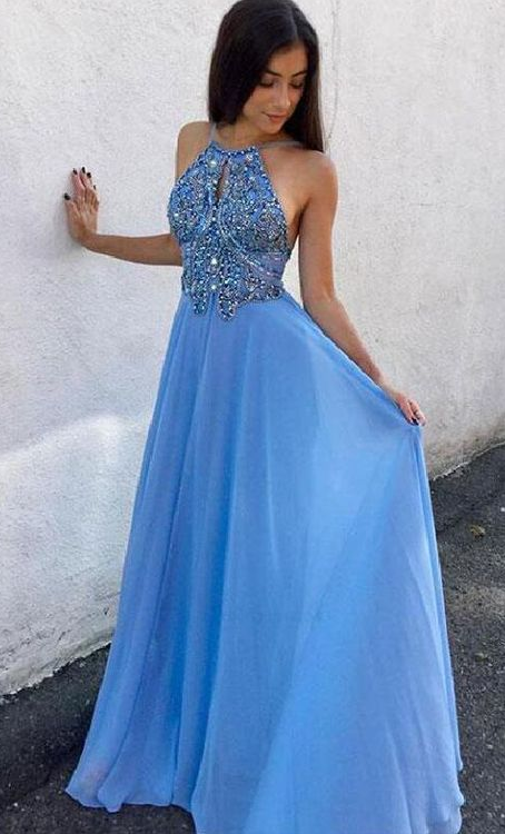 A-Linie Rundhals Schlüsselloch Blau Chiffon Ballkleid mit Perlenbesatz cg672