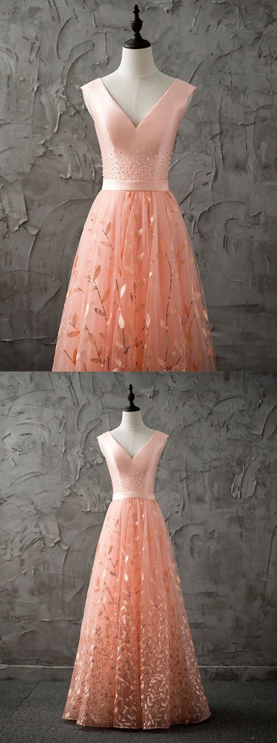 Elegant Peach Wedding Party Dresses. Special V-neck Bridesmaid Gowns With Beading, Elegant Formal Gowns cg6714