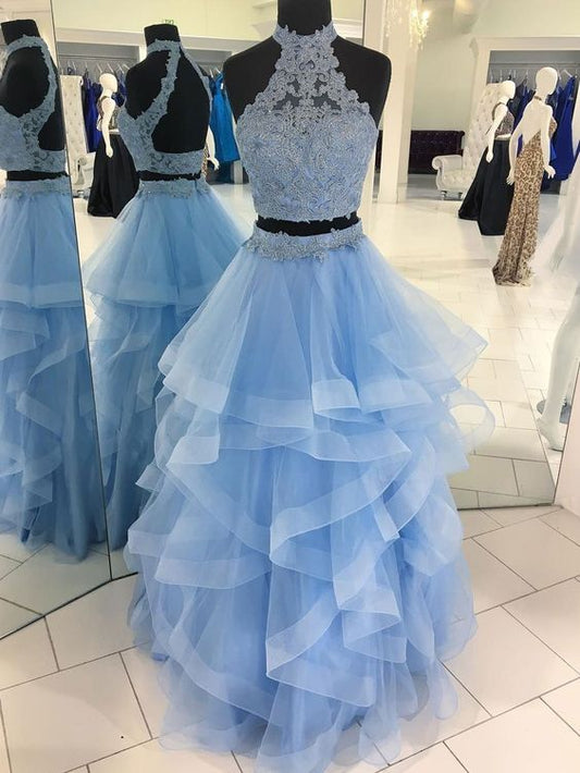 Tüll-Hochhalsausschnitt, zweiteiliges A-Linien-Ballkleid mit Perlenapplikationen, cg673