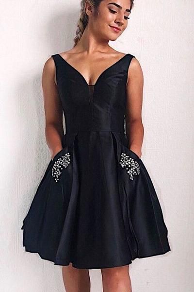 Gorgeous A Line V Neck Black Short Homecoming Dresses with Pearls cg67 classygown Gorgeous A Line V Neck Black Short Homecoming Dresses with Pearls cg67 classygown