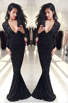 Meerjungfrau-Ballkleider, Schwarzes Ballkleid, Langarm-Ballkleid, Abendkleid aus Spitze cg6734