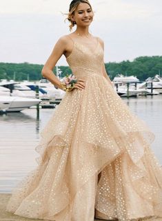 Champagne v neck tulle long prom dress, evening dress cg6739