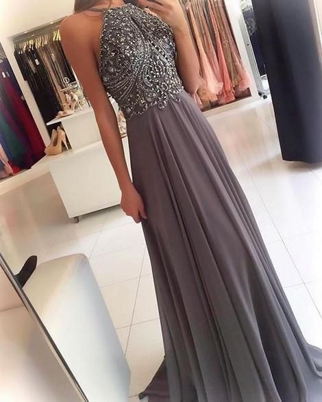 Ackless A-Linie Perlen Chiffon Langes Ballkleid Mode Hochzeit Partykleid cg674