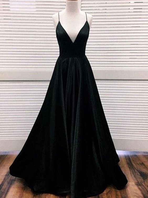 Black v neck satin long prom dress, black evening dress cg676