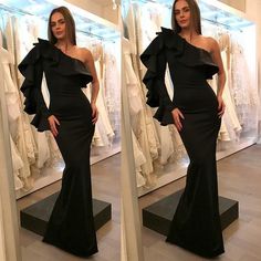 Black One Shoulder Sexy Mermaid Satin Long Prom Dresses cg6765