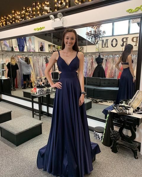 A-Line Navy Blue Long Prom Dress with Open Back cg6779