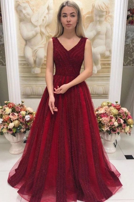 V Neck Sleeveless Beaded Prom Dresses Sweep Train Dresses cg6783