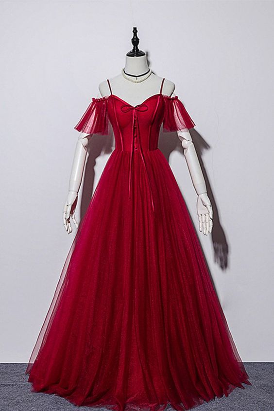 Unique Red Tulle Off Shoulder Long V Neck Prom Dress, Graduation Dress cg6790