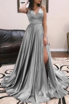 simple grey long prom dresses, fashion prom dresses with high leg split, cheap a line graduation party dresses cg6817