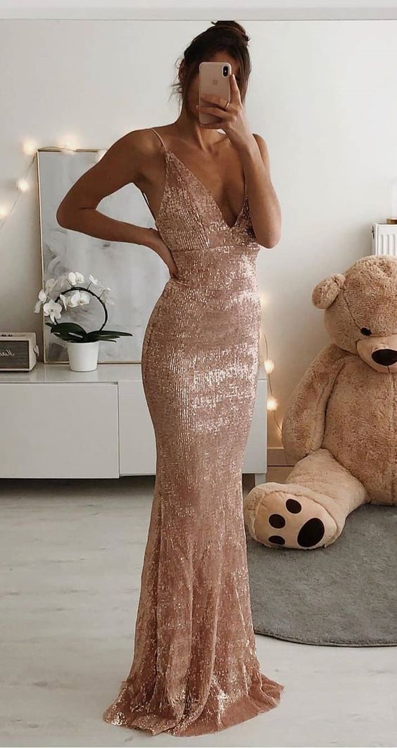 stunning sequined long prom dresses, mermaid rose gold prom dresses, sexy party dresses for teens cg6839