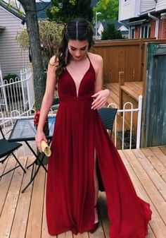 Wine Red Chiffon Slit V-neckline Prom Dress, Junior Prom Dress cg6842
