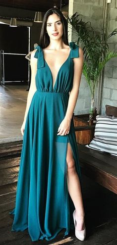Prom Dresses Elegant, Teal Chiffon V-neck Side Slit Sleeveless Simple classygown Prom Dresses Elegant, Teal Chiffon V-neck Side Slit Sleeveless Simple classygown